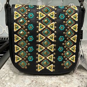 Delila crossbody handbag  Black w/turquoise & yellow stitching, rhinestone&studs